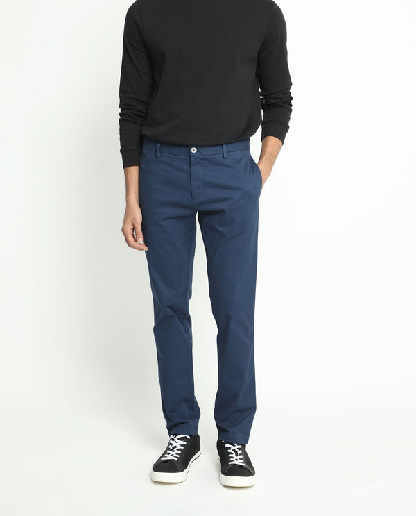Rare Rabbit Men's Pesto Dark Blue Stretch Mid-Rise Regular Fit Solid Trouser