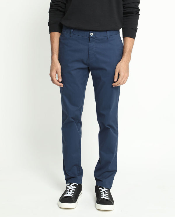 Rare Rabbit Men's Pesto Dark Blue Stretch Mid-Rise Regular Fit Solid Trouser