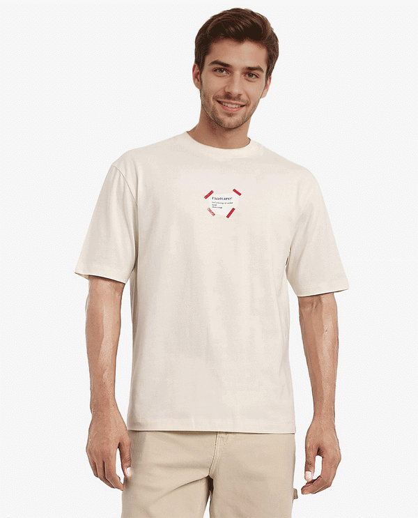 Rare Rabbit Men Peta Off White Short Sleeve Crew Neck Oversized Fit Floral Print T-Shirt