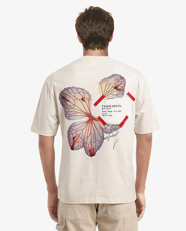 Rare Rabbit Men Peta Off White Short Sleeve Crew Neck Oversized Fit Floral Print T-Shirt