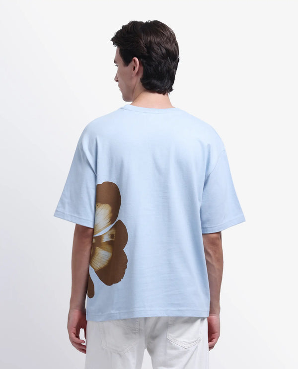 Rare Rabbit Men Petas Light Blue Cotton Fabric Short Sleeve Slip-On Oversized Fit Graphic Print T-Shirt