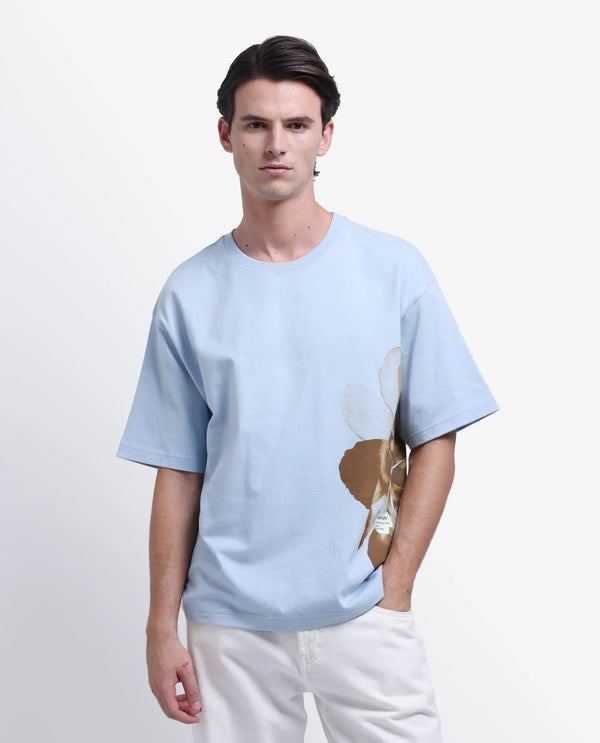 Rare Rabbit Men Petas Light Blue Cotton Fabric Short Sleeve Slip-On Oversized Fit Graphic Print T-Shirt