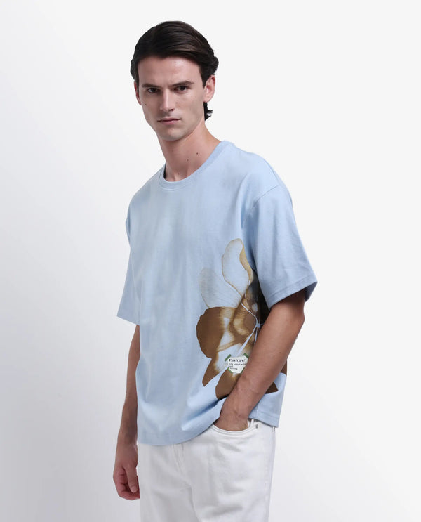 Rare Rabbit Men Petas Light Blue Cotton Fabric Short Sleeve Slip-On Oversized Fit Graphic Print T-Shirt