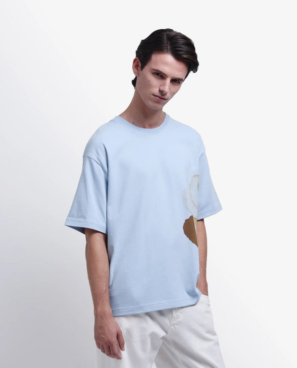 Rare Rabbit Men Petas Light Blue Cotton Fabric Short Sleeve Slip-On Oversized Fit Graphic Print T-Shirt
