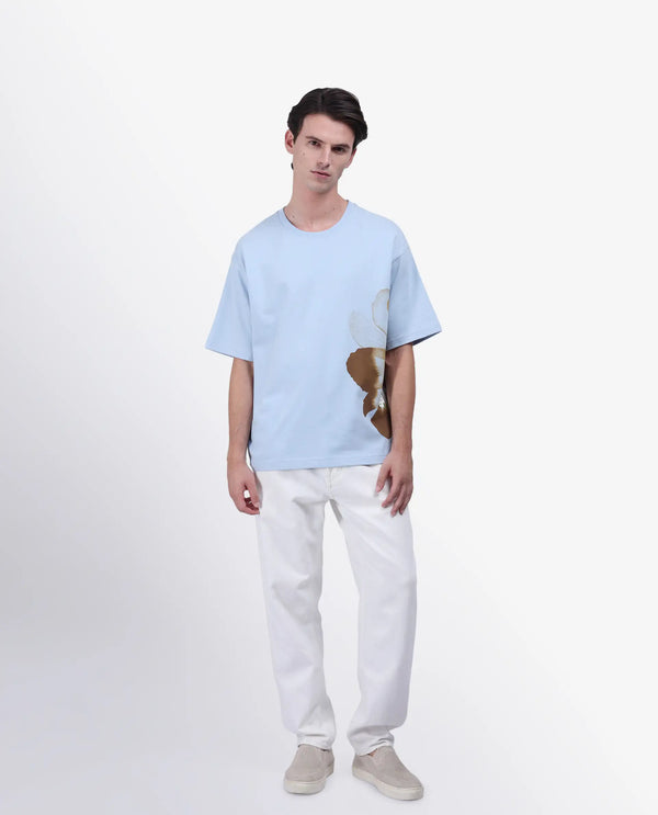 Rare Rabbit Men Petas Light Blue Cotton Fabric Short Sleeve Slip-On Oversized Fit Graphic Print T-Shirt