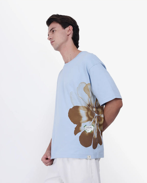 Rare Rabbit Men Petas Light Blue Cotton Fabric Short Sleeve Slip-On Oversized Fit Graphic Print T-Shirt