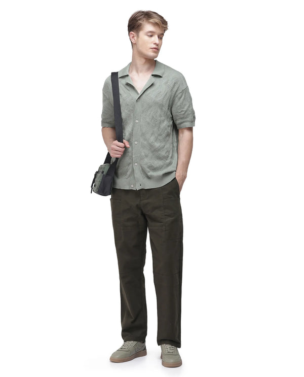 Rare Rabbit Men's Petro Dark Olive Cotton Elastane Fabric Straight Fit Cargo Style Trouser