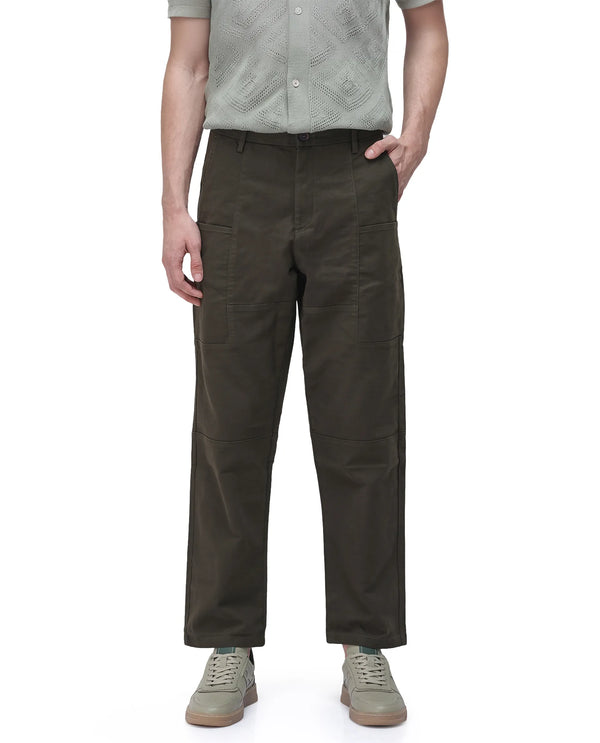 Rare Rabbit Men's Petro Dark Olive Cotton Elastane Fabric Straight Fit Cargo Style Trouser