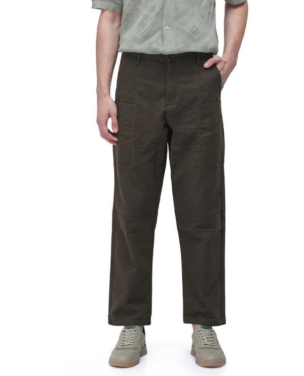 Rare Rabbit Men's Petro Dark Olive Cotton Elastane Fabric Straight Fit Cargo Style Trouser