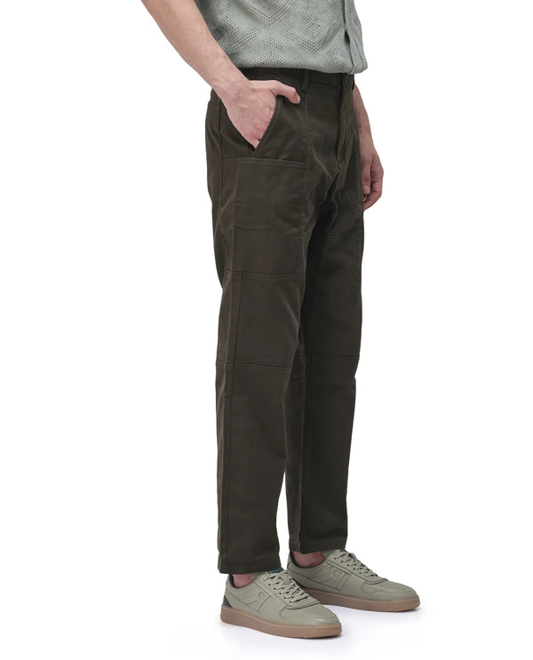 Rare Rabbit Men's Petro Dark Olive Cotton Elastane Fabric Straight Fit Cargo Style Trouser