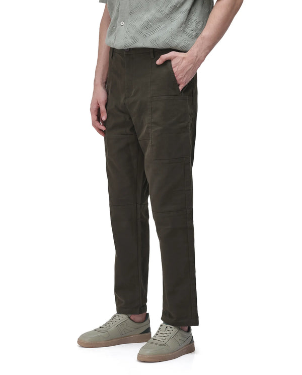 Rare Rabbit Men's Petro Dark Olive Cotton Elastane Fabric Straight Fit Cargo Style Trouser