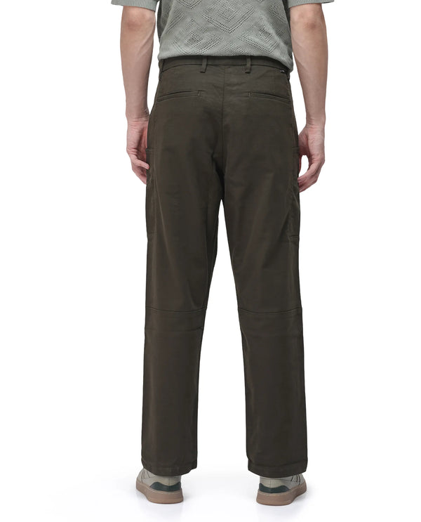 Rare Rabbit Men's Petro Dark Olive Cotton Elastane Fabric Straight Fit Cargo Style Trouser