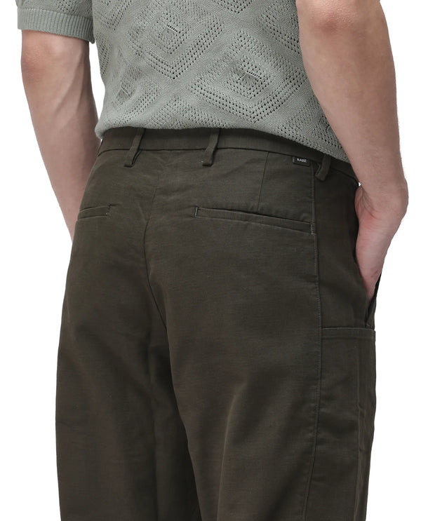 Rare Rabbit Men's Petro Dark Olive Cotton Elastane Fabric Straight Fit Cargo Style Trouser