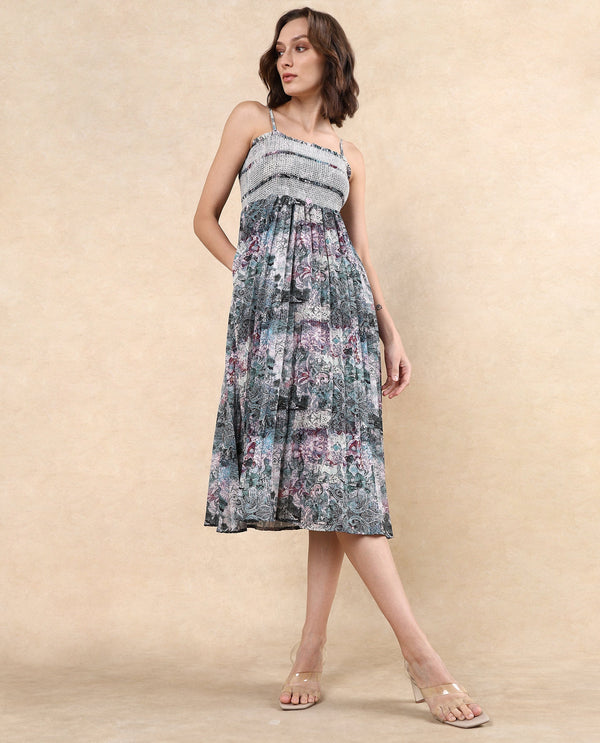 Rareism Women Phanks Multi Polyester Fabric Sleeveless Tube Neck Fit And Flare Midi Abstract Print Dress