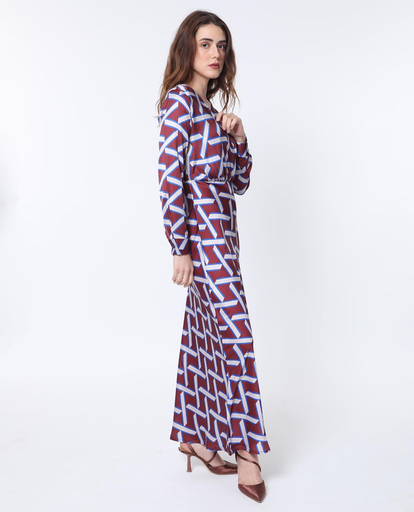 Rareism Women Phara Brown Polyester Fabric Full Sleeves Tie-Up Closure V-Neck Regular Fit Geometric Print Maxi Dress