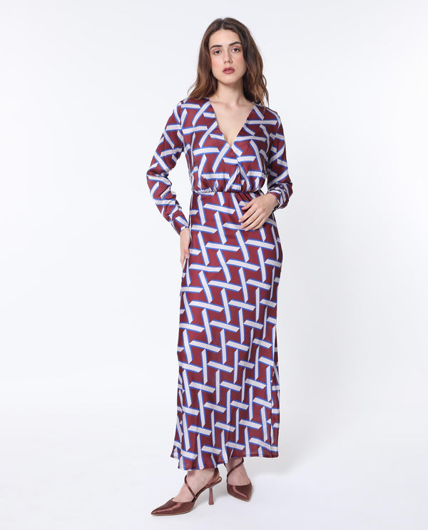 Rareism Women Phara Brown Polyester Fabric Full Sleeves Tie-Up Closure V-Neck Regular Fit Geometric Print Maxi Dress