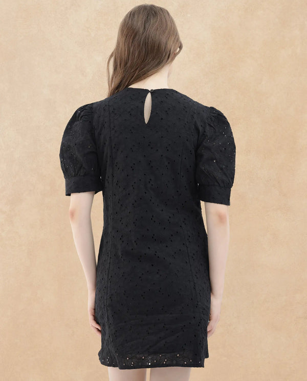 Rareism Women's Phillips Black Cotton Fabric Crew Neck Button Closure Puff Sleeve Schiffli A-Line Mini Dress