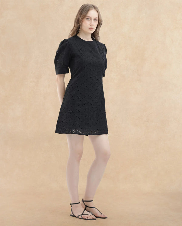 Rareism Women's Phillips Black Cotton Fabric Crew Neck Button Closure Puff Sleeve Schiffli A-Line Mini Dress