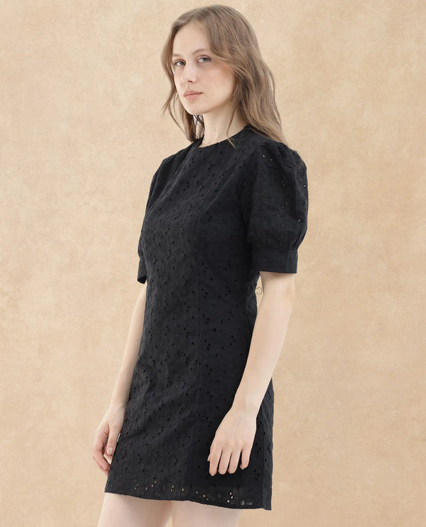 Rareism Women's Phillips Black Cotton Fabric Crew Neck Button Closure Puff Sleeve Schiffli A-Line Mini Dress