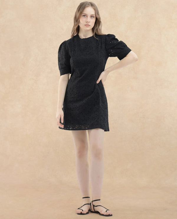 Rareism Women's Phillips Black Cotton Fabric Crew Neck Button Closure Puff Sleeve Schiffli A-Line Mini Dress
