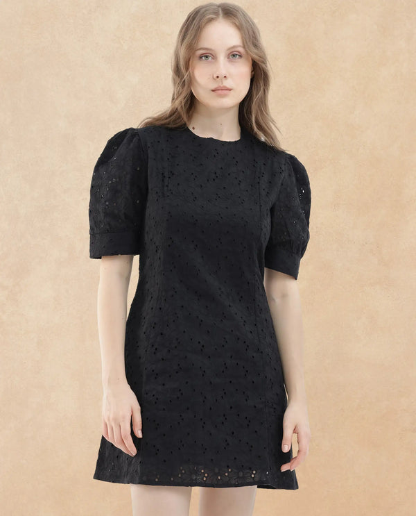 Rareism Women's Phillips Black Cotton Fabric Crew Neck Button Closure Puff Sleeve Schiffli A-Line Mini Dress