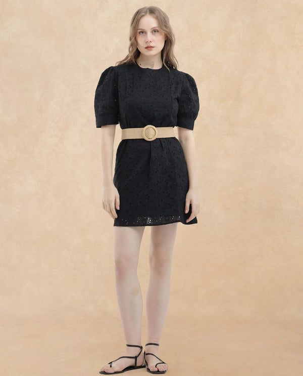 Rareism Women's Phillips Black Cotton Fabric Crew Neck Button Closure Puff Sleeve Schiffli A-Line Mini Dress