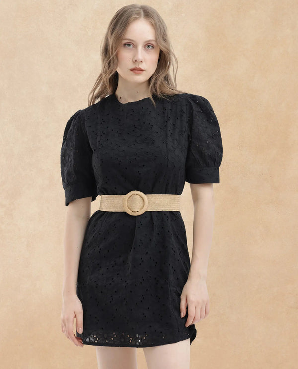 Rareism Women's Phillips Black Cotton Fabric Crew Neck Button Closure Puff Sleeve Schiffli A-Line Mini Dress