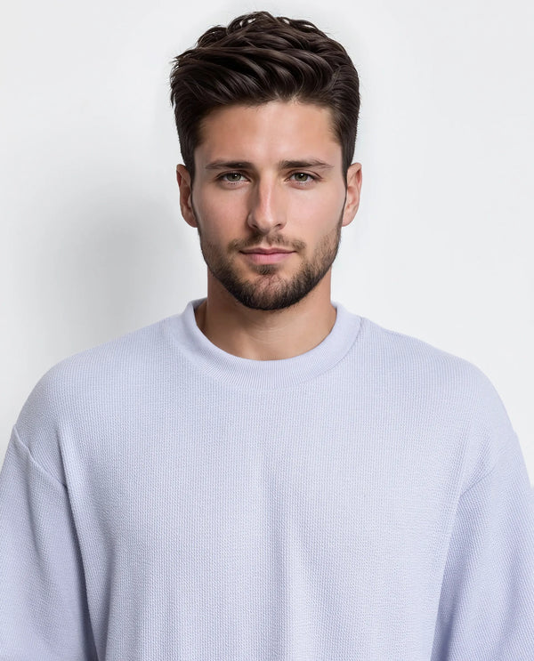 Rare Rabbit Men Phix Dusky Purple Poly Blend Fabric Short Sleeve Crew Neck Textured T-Shirt