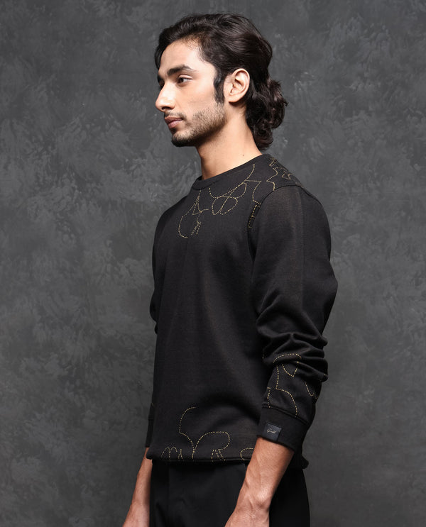 Rare Rabbit Men's Planes Black Cotton Fabric Full Sleeves Graphic Logo Embroidery Sweatshirt