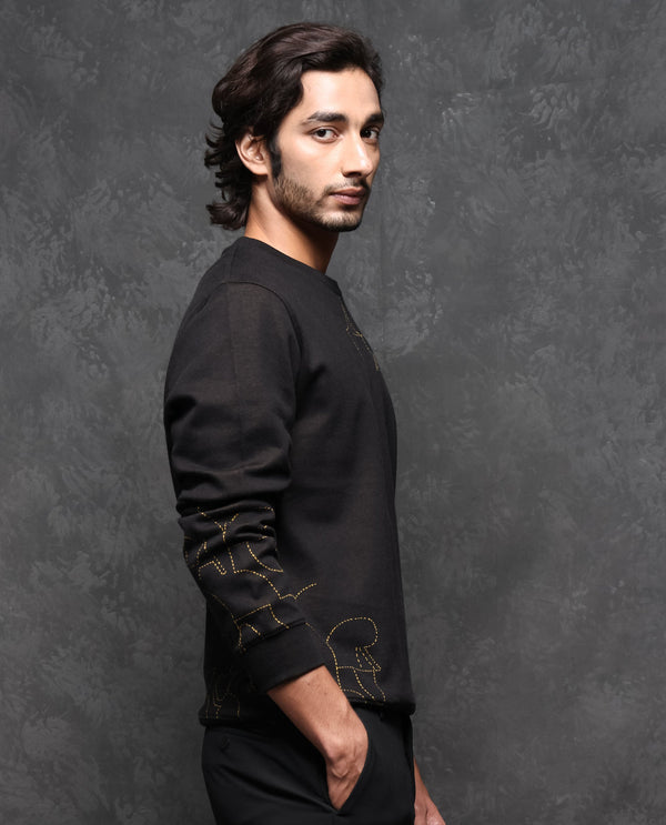 Rare Rabbit Men's Planes Black Cotton Fabric Full Sleeves Graphic Logo Embroidery Sweatshirt