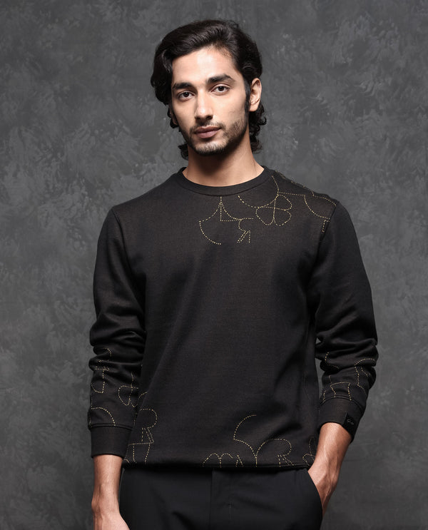 Rare Rabbit Men's Planes Black Cotton Fabric Full Sleeves Graphic Logo Embroidery Sweatshirt