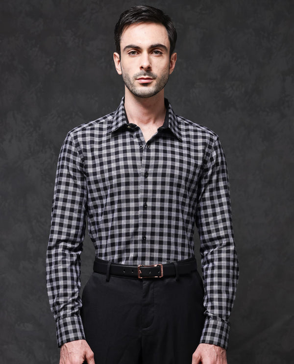 Rare Rabbit Mens Pictor Black Full Sleeve Regular Collar Cotton Premium Check Shirt