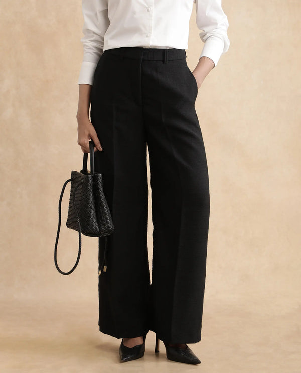 Rareism Women Pidet-B Black Satin Hook Closure Ankle Length Plain Trouser