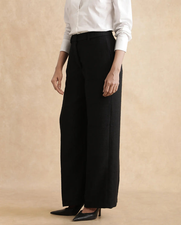 Rareism Women Pidet-B Black Satin Hook Closure Ankle Length Plain Trouser