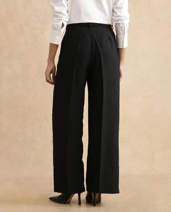 Rareism Women Pidet-B Black Satin Hook Closure Ankle Length Plain Trouser