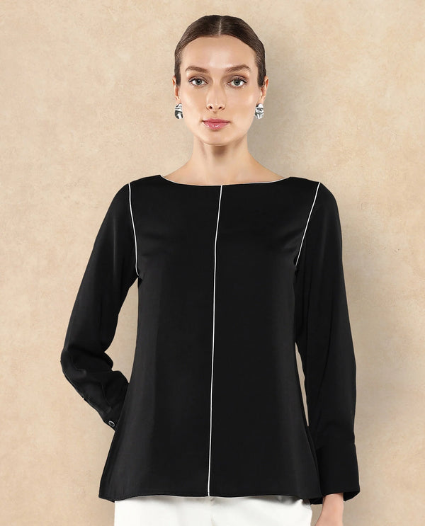 Rareism Women Pidet Black Satin Cuffed Sleeves Boat Neck Button Closure Plain Top