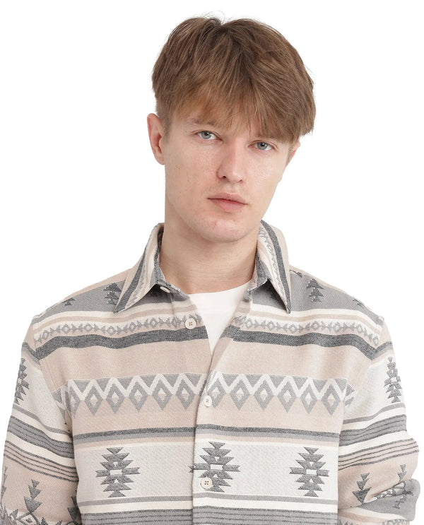 Rare Rabbit Men's Pinter Beige Cotton Blend Fabric Full Sleeve Regular Collared Button Closure Relaxed Fit Jacquard Shirt