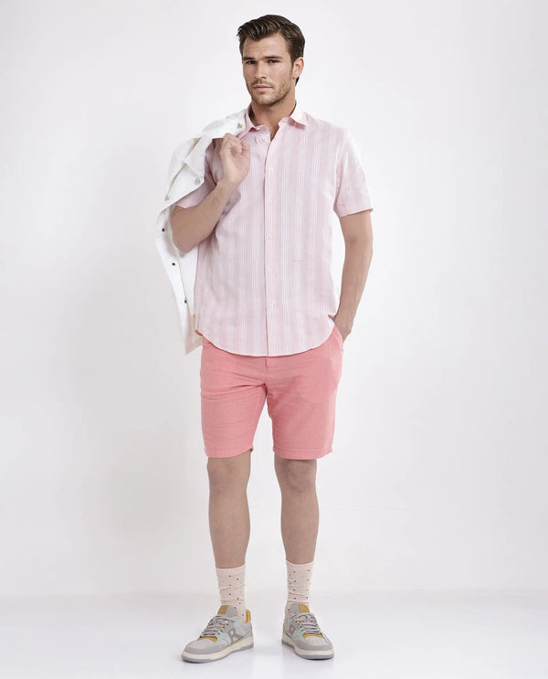 Rare Rabbit Men Pinto-25 Light Peach Cotton Fabric Drawstring Closure Knee Length Plain Shorts