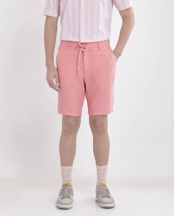 Rare Rabbit Men Pinto-25 Light Peach Cotton Fabric Drawstring Closure Knee Length Plain Shorts