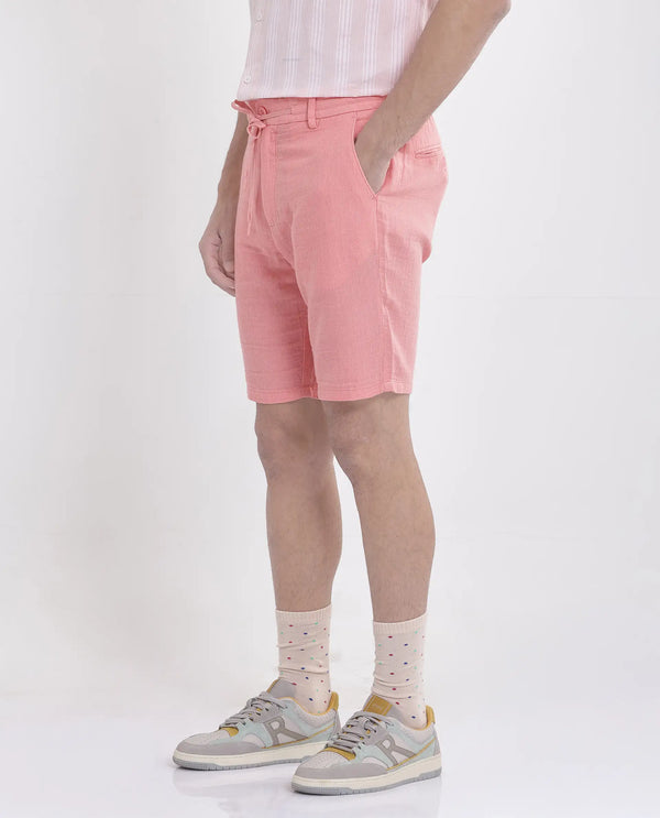 Rare Rabbit Men Pinto-25 Light Peach Cotton Fabric Drawstring Closure Knee Length Plain Shorts