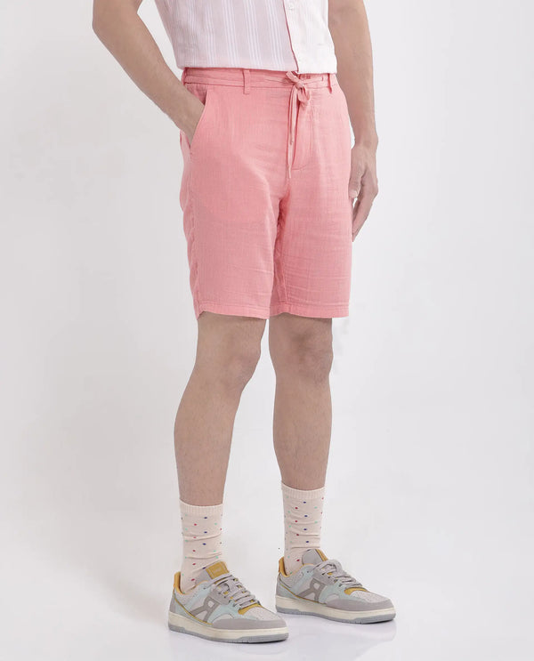 Rare Rabbit Men Pinto-25 Light Peach Cotton Fabric Drawstring Closure Knee Length Plain Shorts