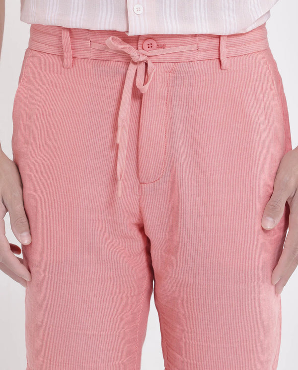 Rare Rabbit Men Pinto-25 Light Peach Cotton Fabric Drawstring Closure Knee Length Plain Shorts
