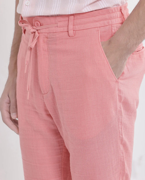 Rare Rabbit Men Pinto-25 Light Peach Cotton Fabric Drawstring Closure Knee Length Plain Shorts