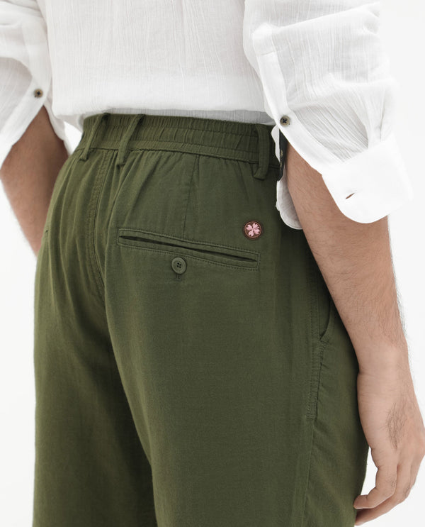 Rare Rabbit Men's Pinto Olive Cotton Fabric Knee Length Solid Shorts