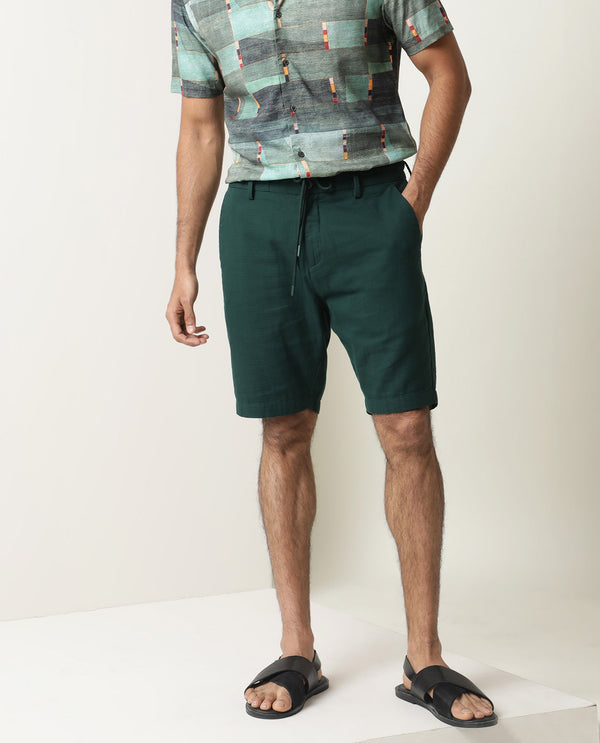 Rare Rabbit Men's Pinto Dark Green Cotton Fabric Drawstring Mid Rise Shorts