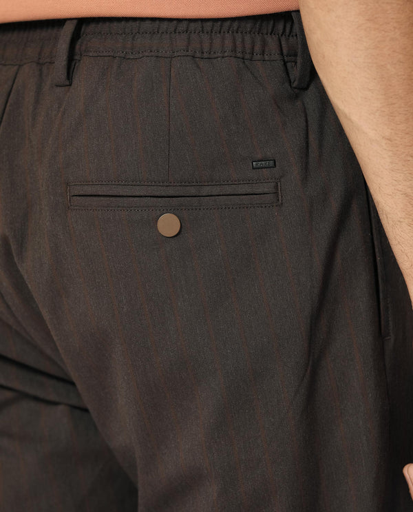 Rare Rabbit Men's Piper Brown Plain Mid-Rise Regular Fit Striped Trouser