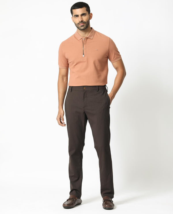 Rare Rabbit Men's Piper Brown Plain Mid-Rise Regular Fit Striped Trouser