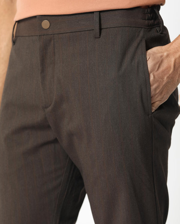 Rare Rabbit Men's Piper Brown Plain Mid-Rise Regular Fit Striped Trouser
