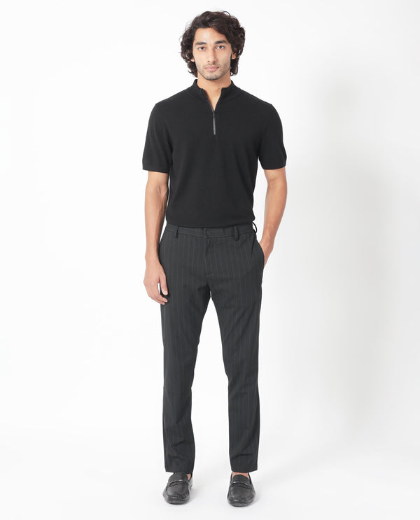 Rare Rabbit Men's Piper Navy Mid-Rise Regular Fit Striped Trouser