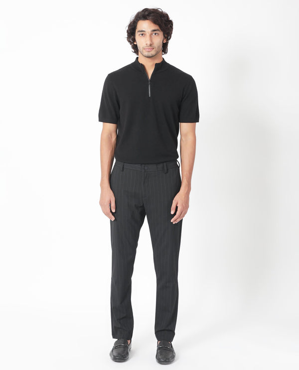 Rare Rabbit Men's Piper Navy Mid-Rise Regular Fit Striped Trouser